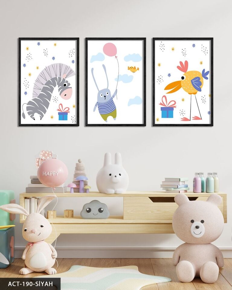 Sevimli Zebra Tavşan ve Kuş 3 Parça Ahşap Çerçeveli Tablo ACT Siyah - 30 x 40 CM