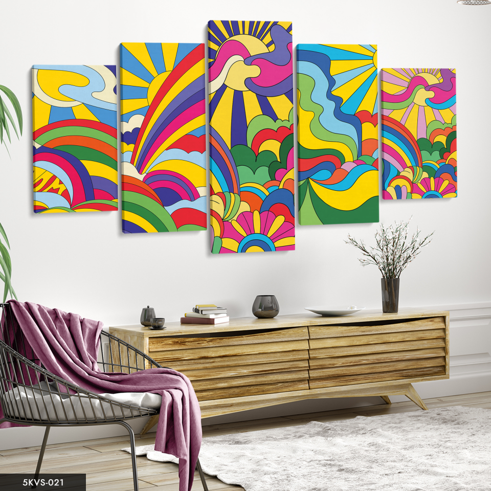 Renkli Sanatsal 5 Parça Kanvas - Canvas Tablo 70 x 125 CM