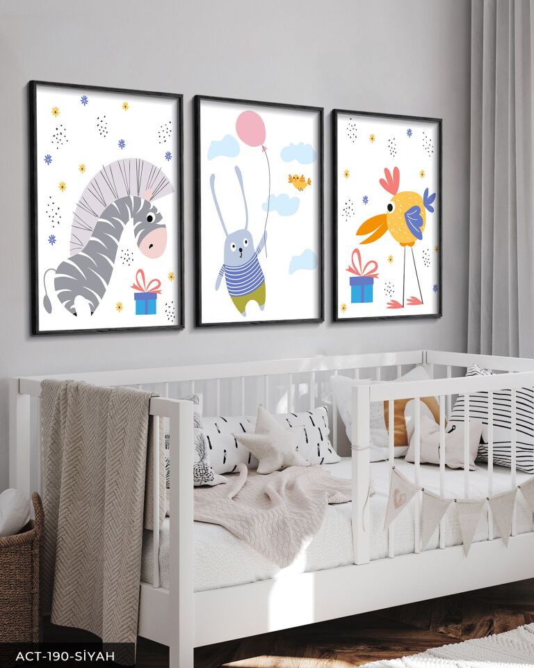 Sevimli Zebra Tavşan ve Kuş 3 Parça Ahşap Çerçeveli Tablo ACT Siyah - 40 x 60 CM