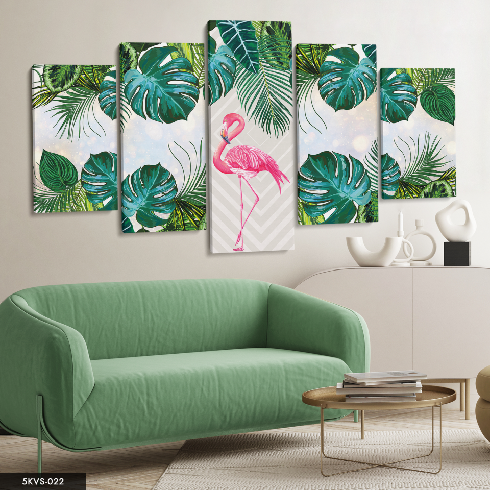 Flamingo Yeşil Doğa 5 Parça Kanvas - Canvas Tablo 70 x 125 CM