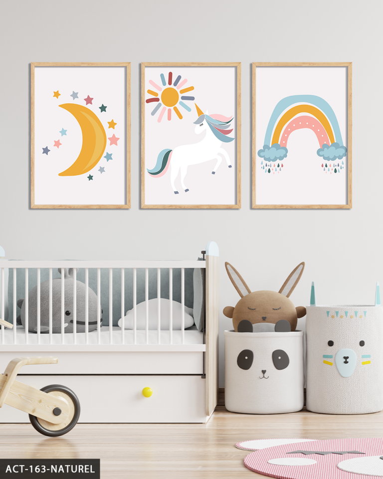 Minimalist Unicorn 3 Parça Ahşap Çerçeveli Tablo ACT Naturel - 40 x 60 CM