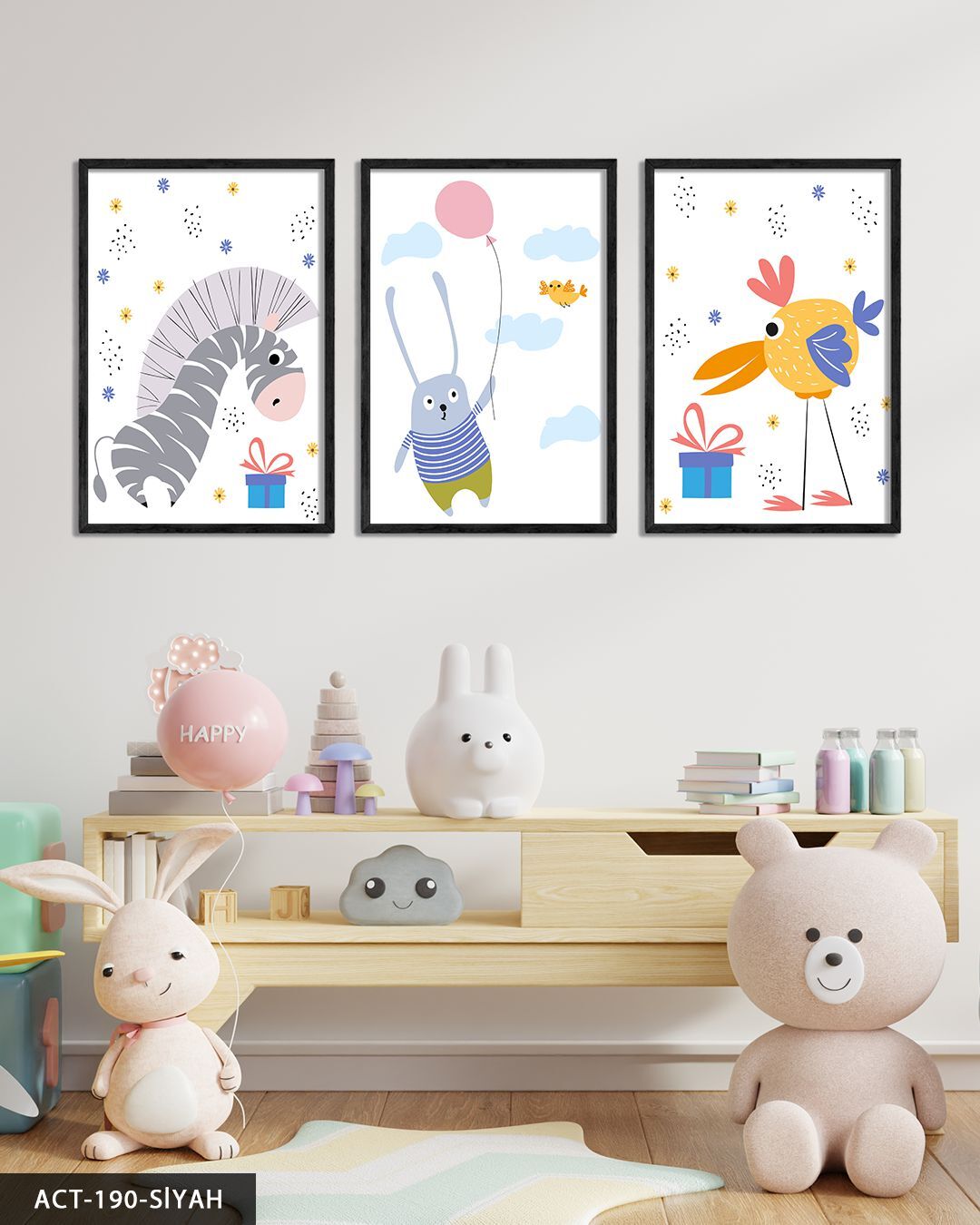 Sevimli Zebra Tavşan ve Kuş 3 Parça Ahşap Çerçeveli Tablo ACT Siyah - 50 x 70 CM