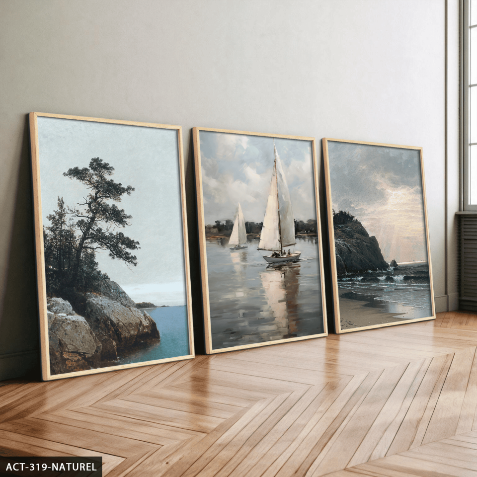 Kayık ve Deniz 3 Parça Ahşap Çerçeveli Tablo ACT Naturel - 30 x 40 CM