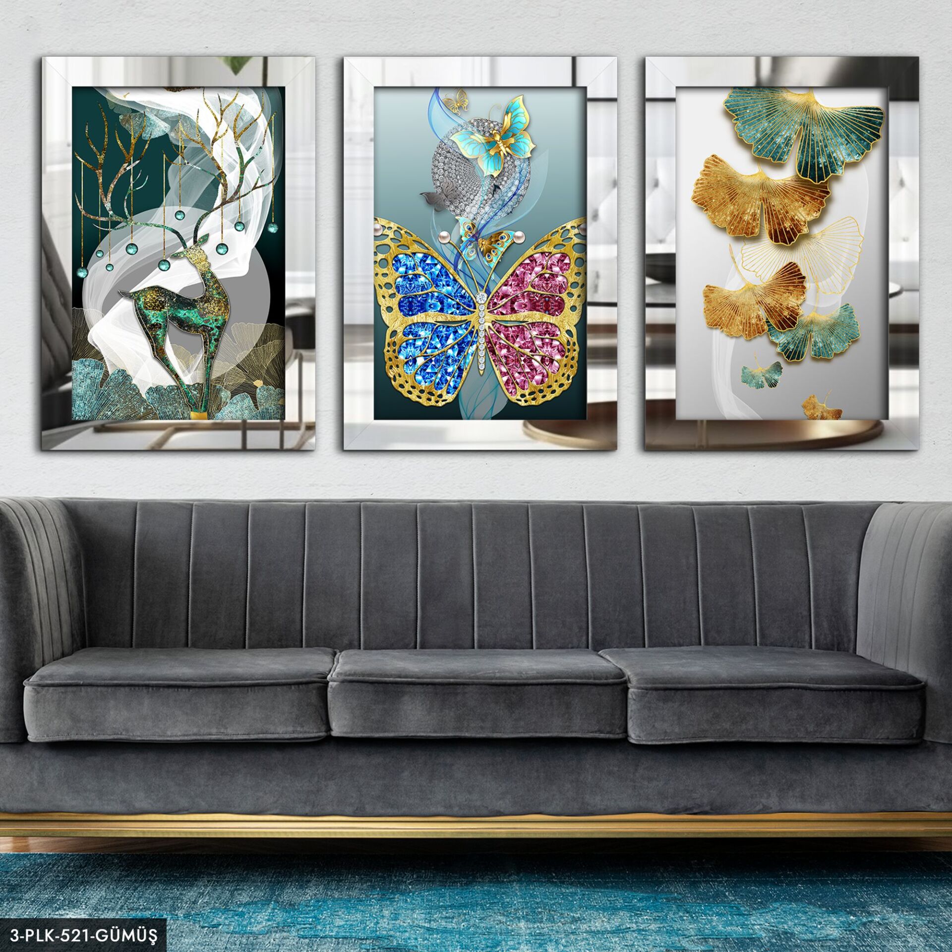 Kelebek Geyik 3 Parça Pleksi Aynalı Tablo 30 x 40 CM - Gümüş