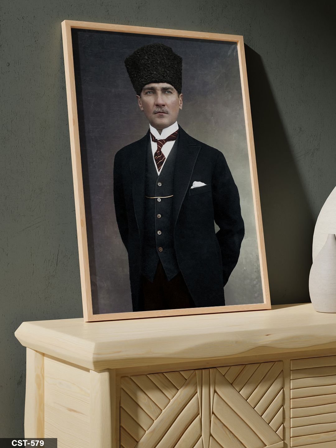 Mustafa Kemal Atatürk Tek Parça Ahşap Çerçeveli Tablo Naturel - 40 x 60 CM