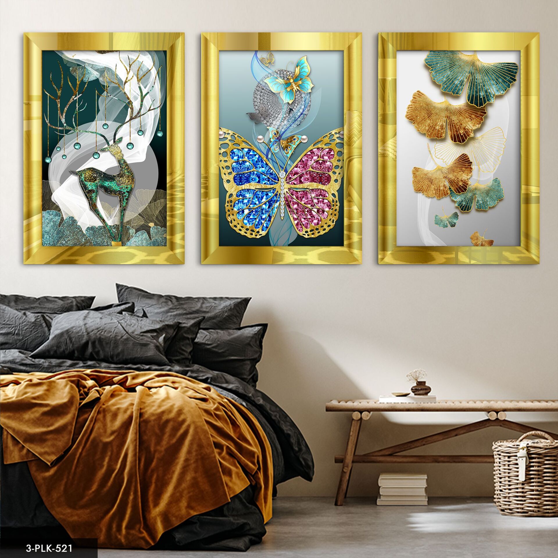 Kelebek Geyik 3 Parça Pleksi Aynalı Tablo 30 x 40 CM - Gold