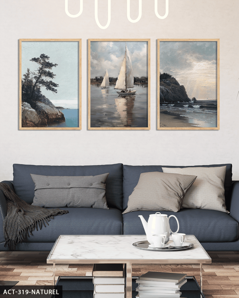 Kayık ve Deniz 3 Parça Ahşap Çerçeveli Tablo ACT Naturel - 40 x 60 CM