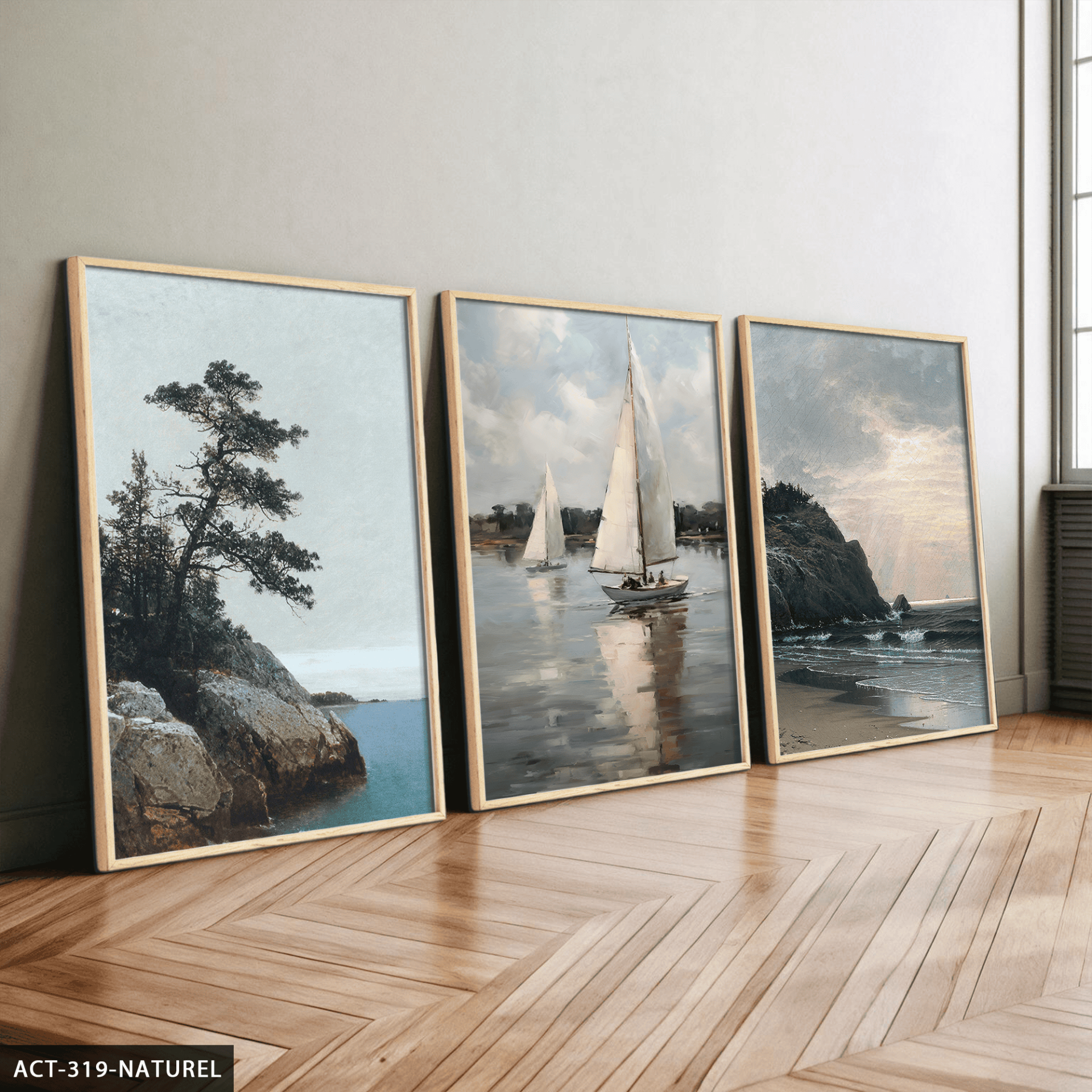 Kayık ve Deniz 3 Parça Ahşap Çerçeveli Tablo ACT Naturel - 40 x 60 CM