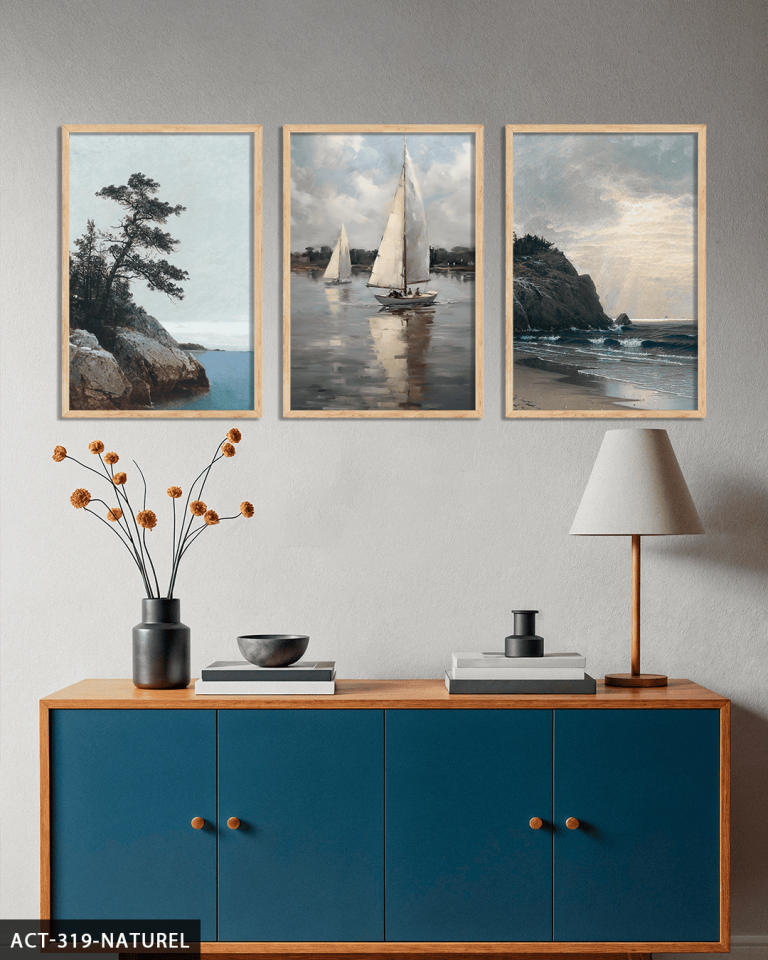 Kayık ve Deniz 3 Parça Ahşap Çerçeveli Tablo ACT Naturel - 40 x 60 CM