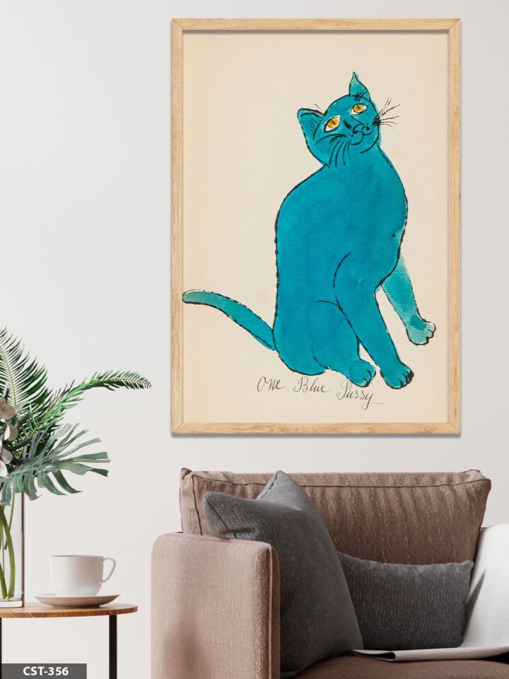 Mavi Kedi Tek Parça Ahşap Çerçeveli Tablo