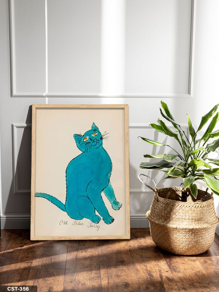 Mavi Kedi Tek Parça Ahşap Çerçeveli Tablo