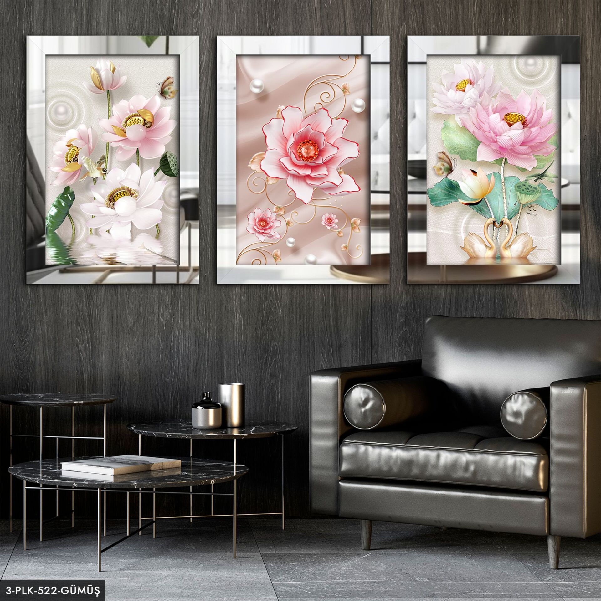 Pembe Çiçekler 3 Parça Pleksi Aynalı Tablo 30 x 40 CM - Gümüş