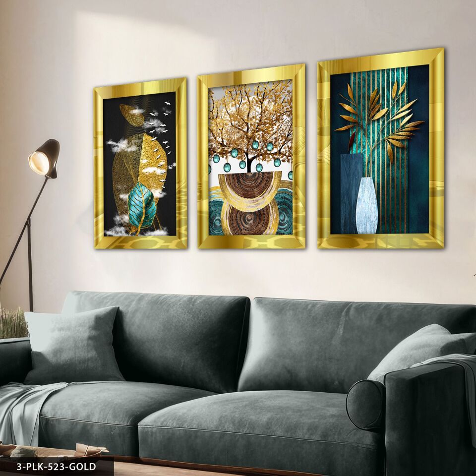 Soyut Doğa 3 Parça Pleksi Aynalı Tablo 30 x 40 CM - Gold