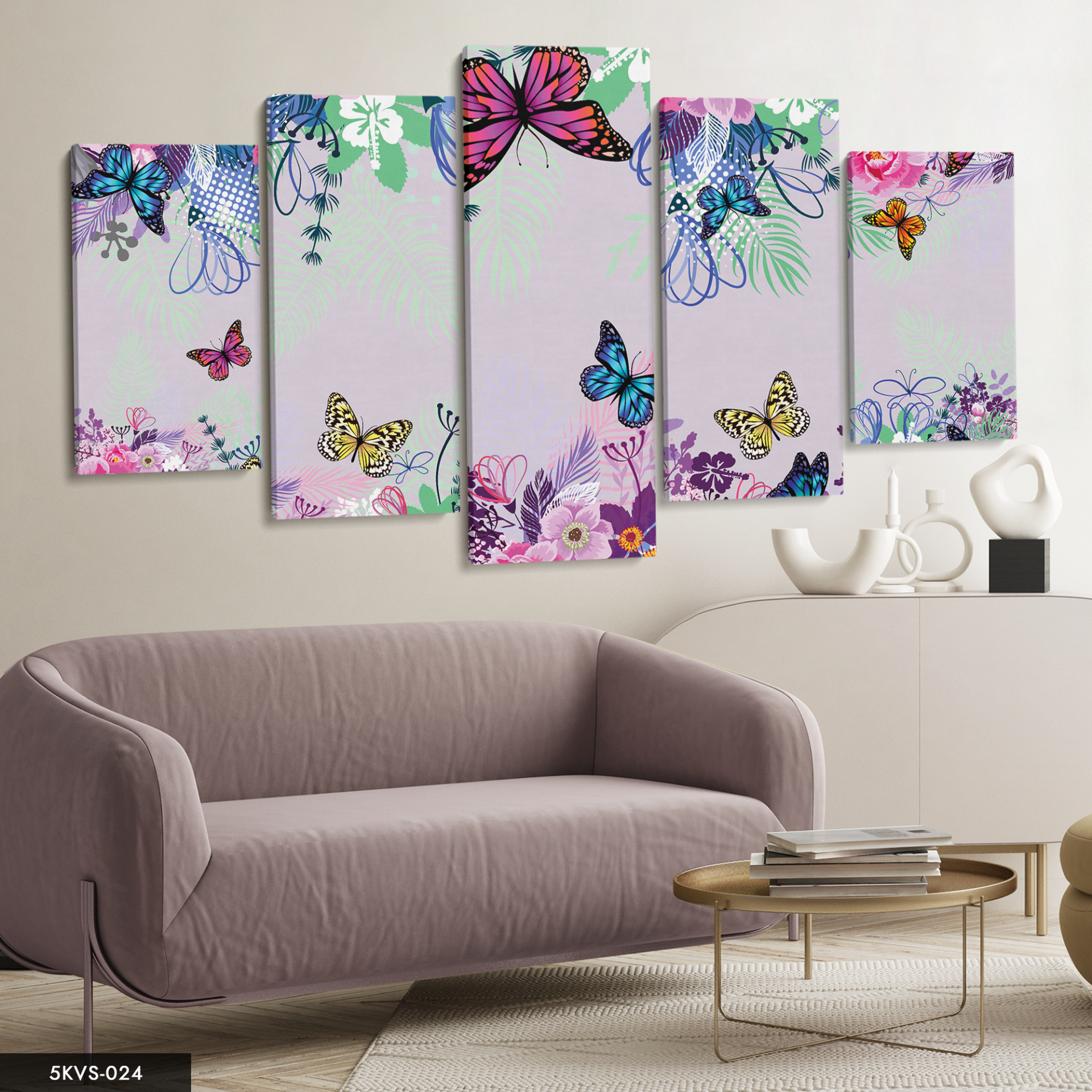 Renkli Kelebekler 5 Parça Kanvas - Canvas Tablo 70 x 125 CM