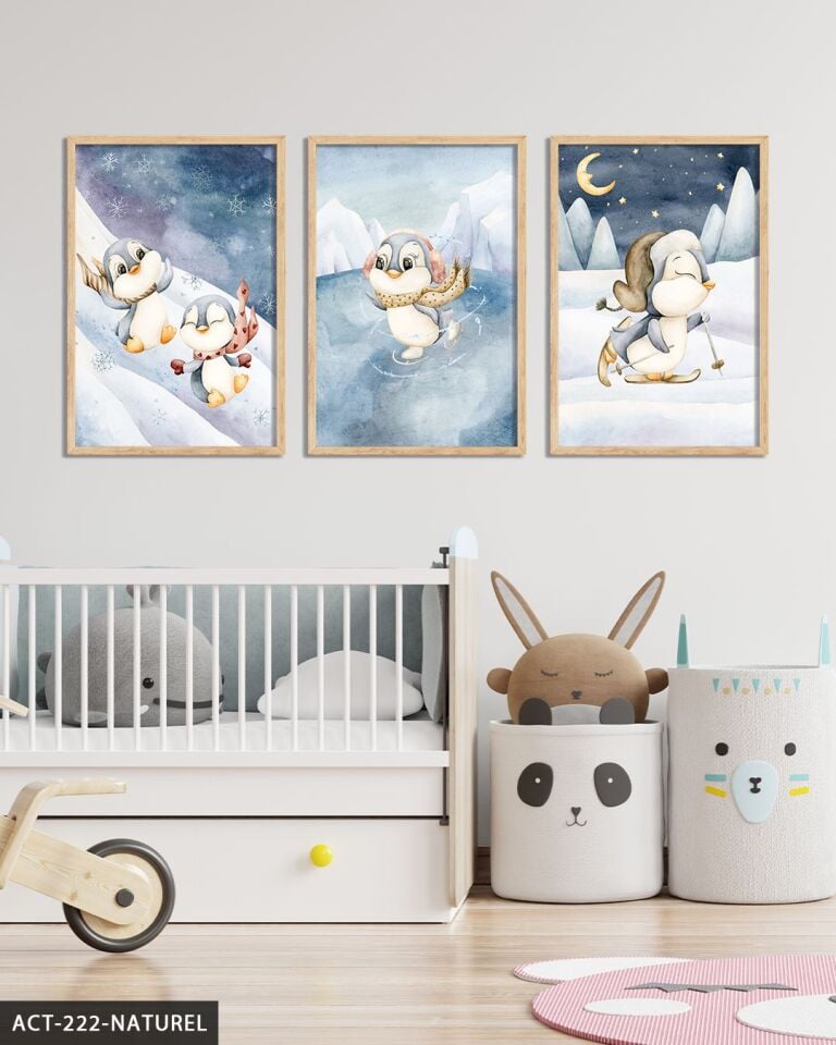 Mutlu Penguenler 3 Parça Ahşap Çerçeveli Tablo ACT Naturel - 20 x 30 CM