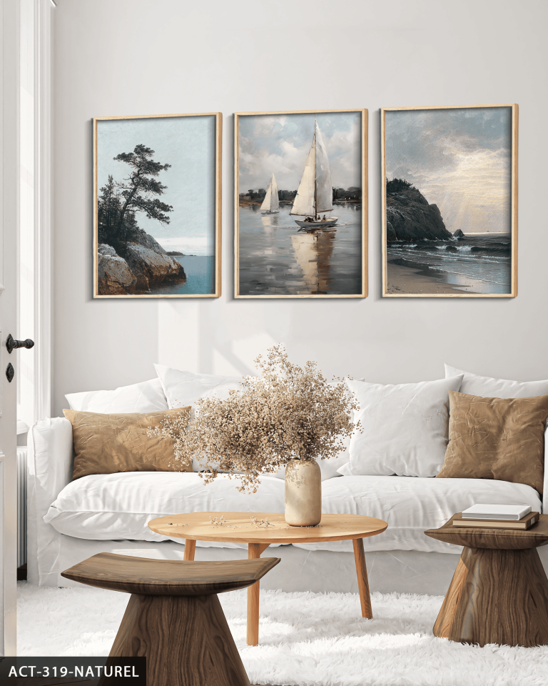 Kayık ve Deniz 3 Parça Ahşap Çerçeveli Tablo ACT Naturel - 50 x 70 CM