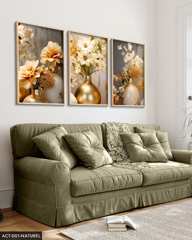 Vazoda Çiçekler 3 Parça Ahşap Çerçeveli Tablo Naturel - 50 x 70 CM