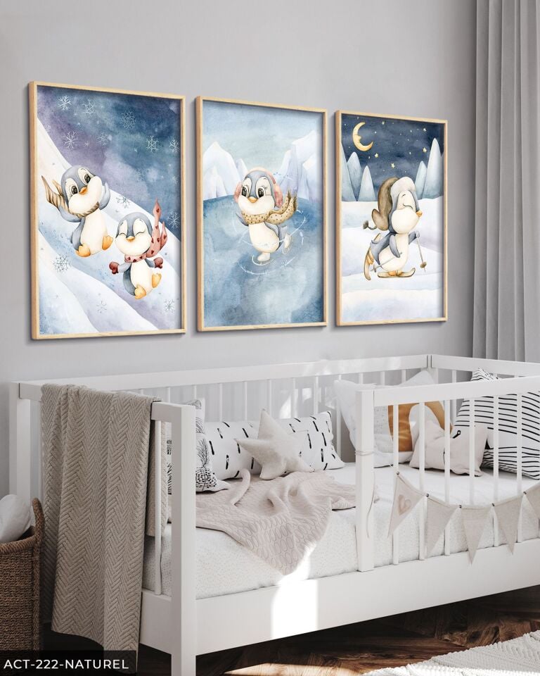 Mutlu Penguenler 3 Parça Ahşap Çerçeveli Tablo ACT Naturel - 40 x 60 CM