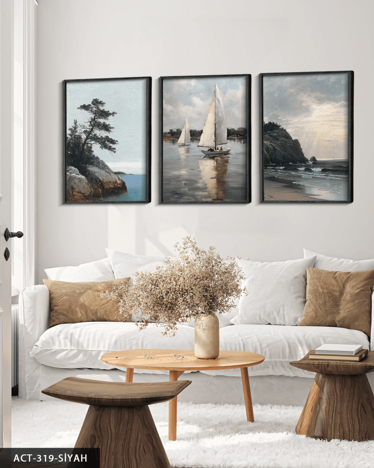 Kayık ve Deniz 3 Parça Ahşap Çerçeveli Tablo ACT Siyah - 40 x 60 CM