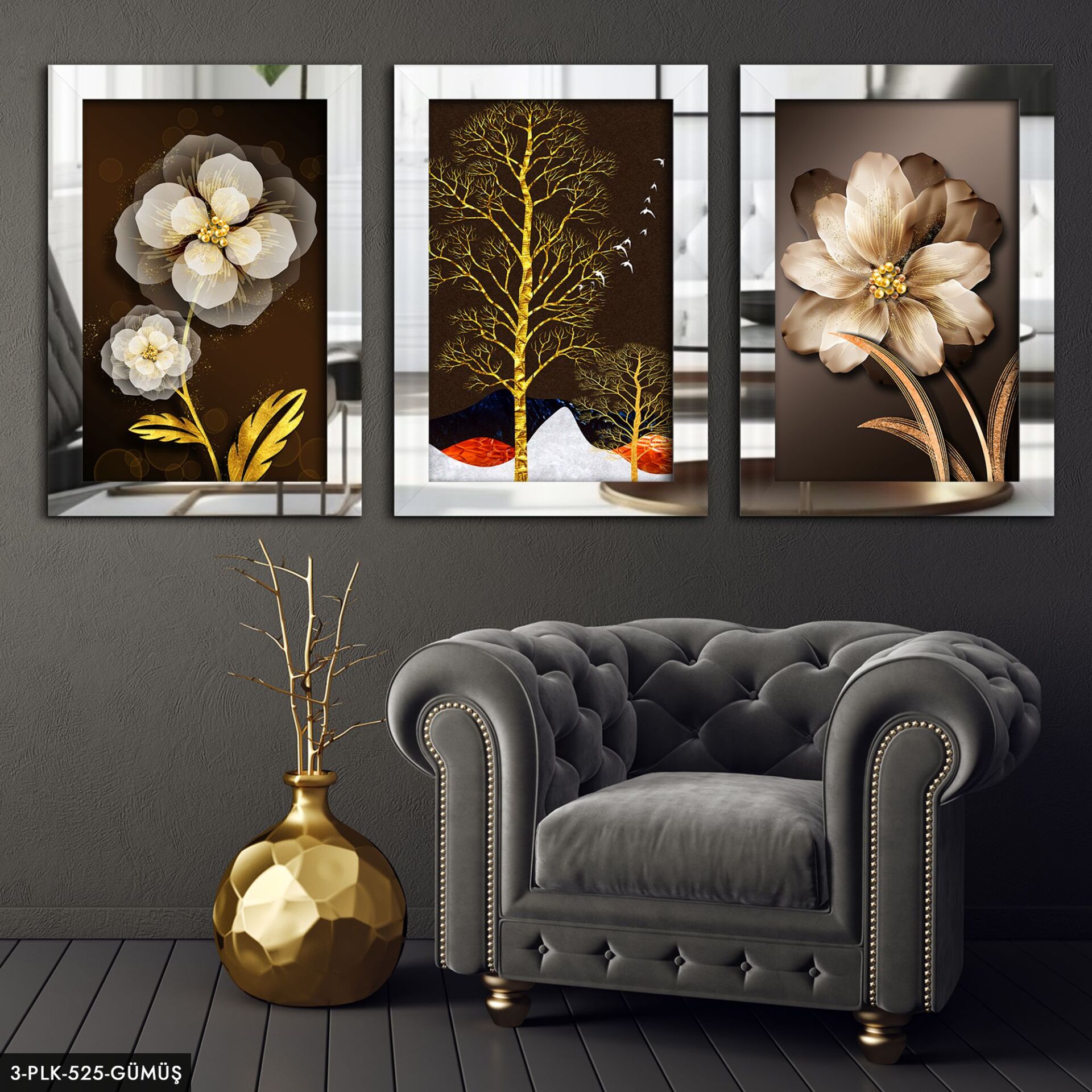 Çiçek Ağaç 3 Parça Pleksi Aynalı Tablo 30 x 40 CM - Gümüş