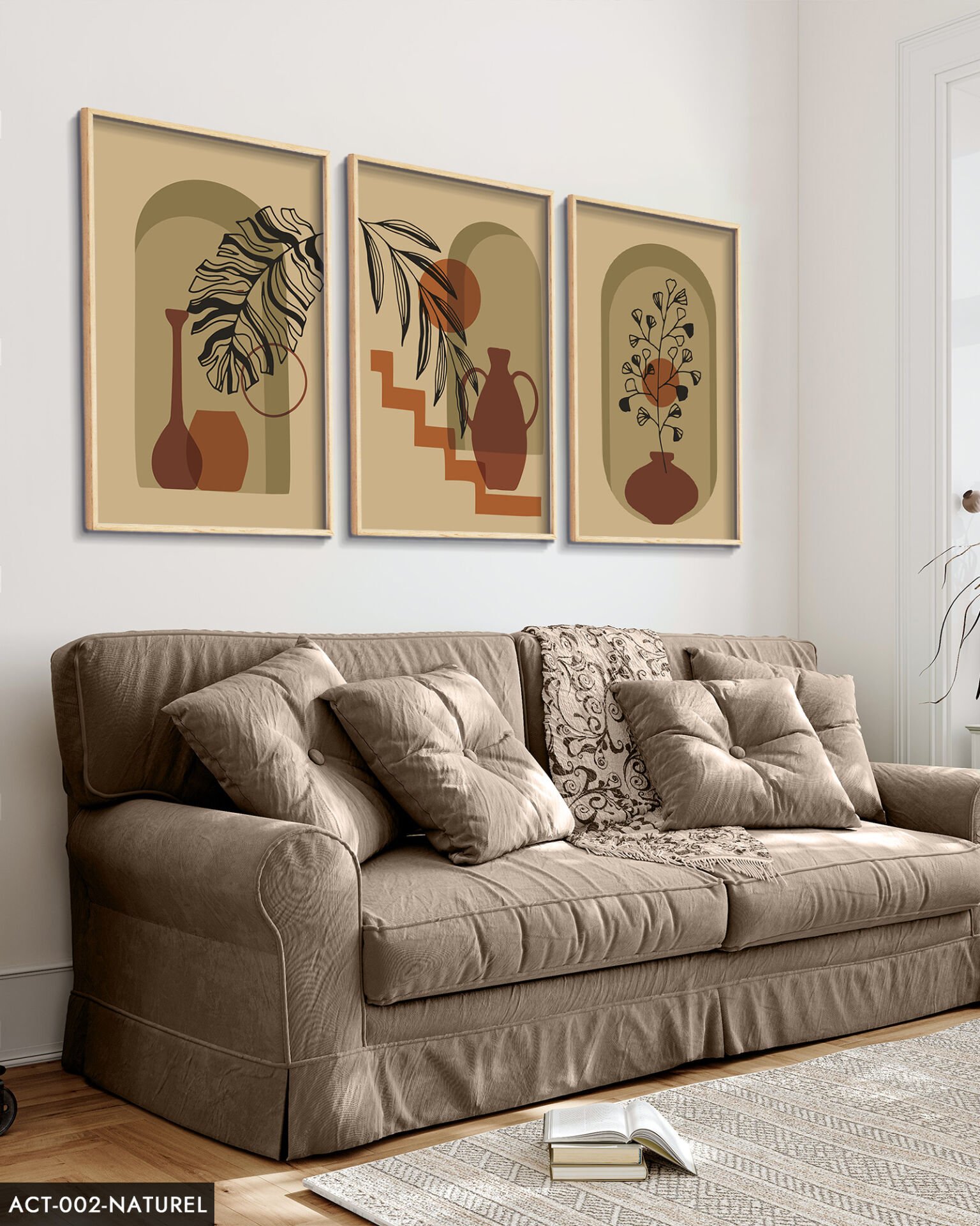 Vazo Çiçek Bohem Tarzı 3 Parça Ahşap Çerçeveli Tablo Naturel - 50 x 70 CM