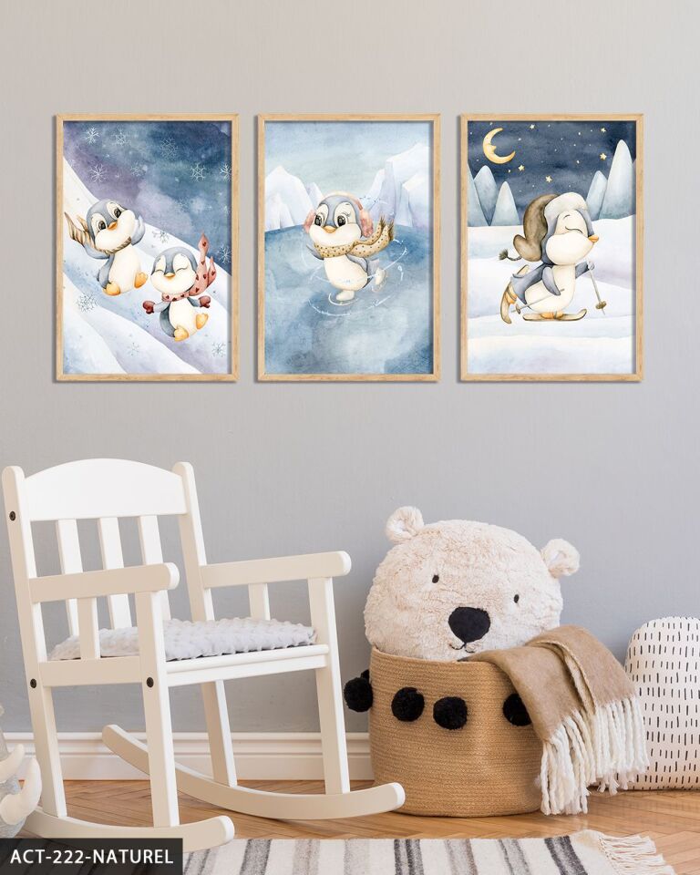 Mutlu Penguenler 3 Parça Ahşap Çerçeveli Tablo ACT Naturel - 50 x 70 CM