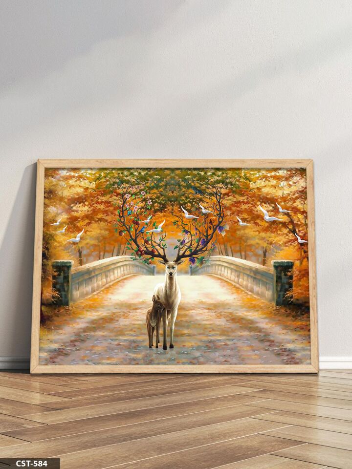 Geyik Çiçekler Tek Parça Ahşap Çerçeveli Tablo Naturel - 40 x 60 CM