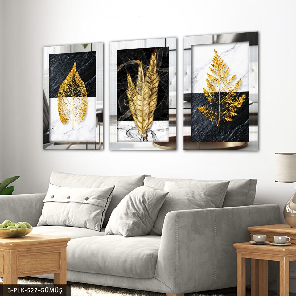 Yaprak Tüy 3 Parça Pleksi Aynalı Tablo 30 x 40 CM - Gümüş
