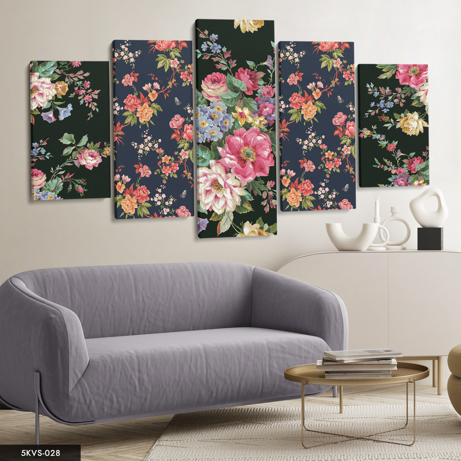 Renkli Çiçekler 5 Parça Kanvas - Canvas Tablo 70 x 125 CM