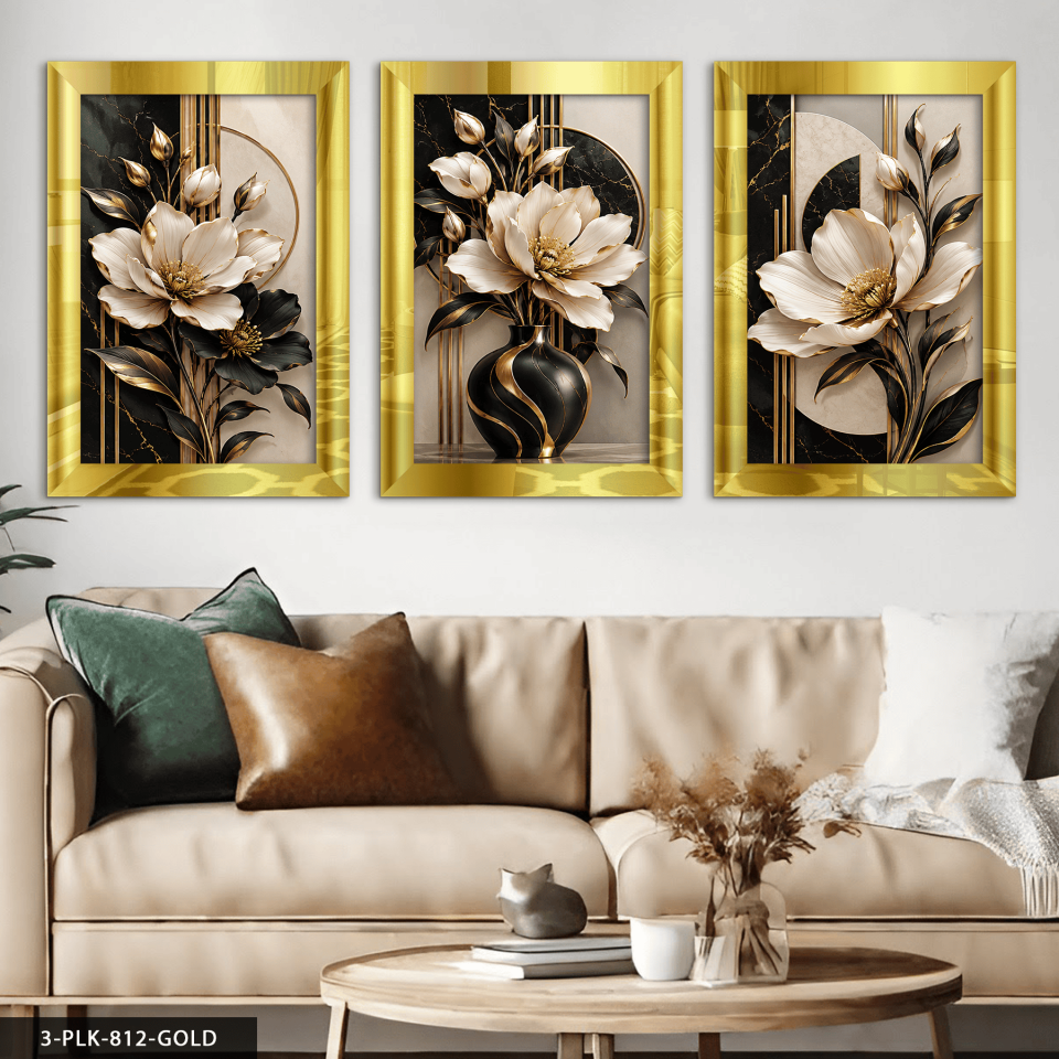 Gold Işıltılıs Siyah Beyaz Çiçek 3 Parça Pleksi Aynalı Tablo 30 x 40 CM - Gold
