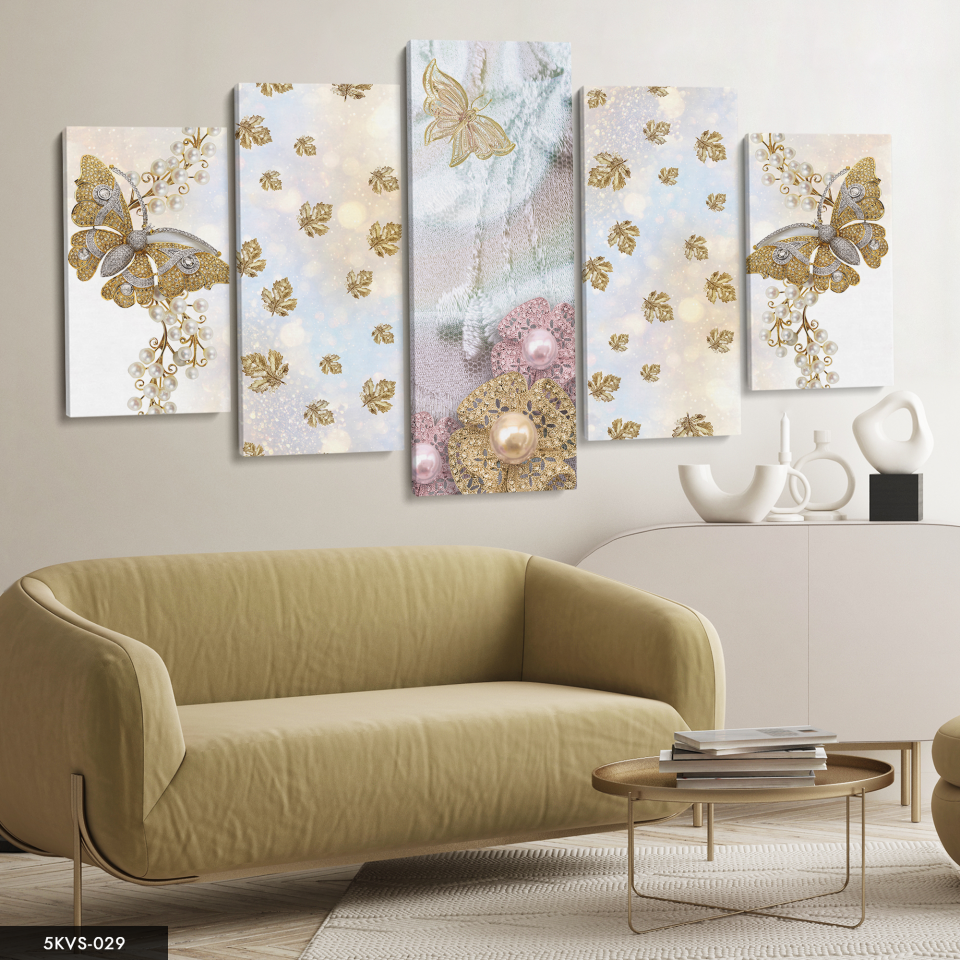 Gold Kelebekler 5 Parça Kanvas - Canvas Tablo 70 x 125 CM