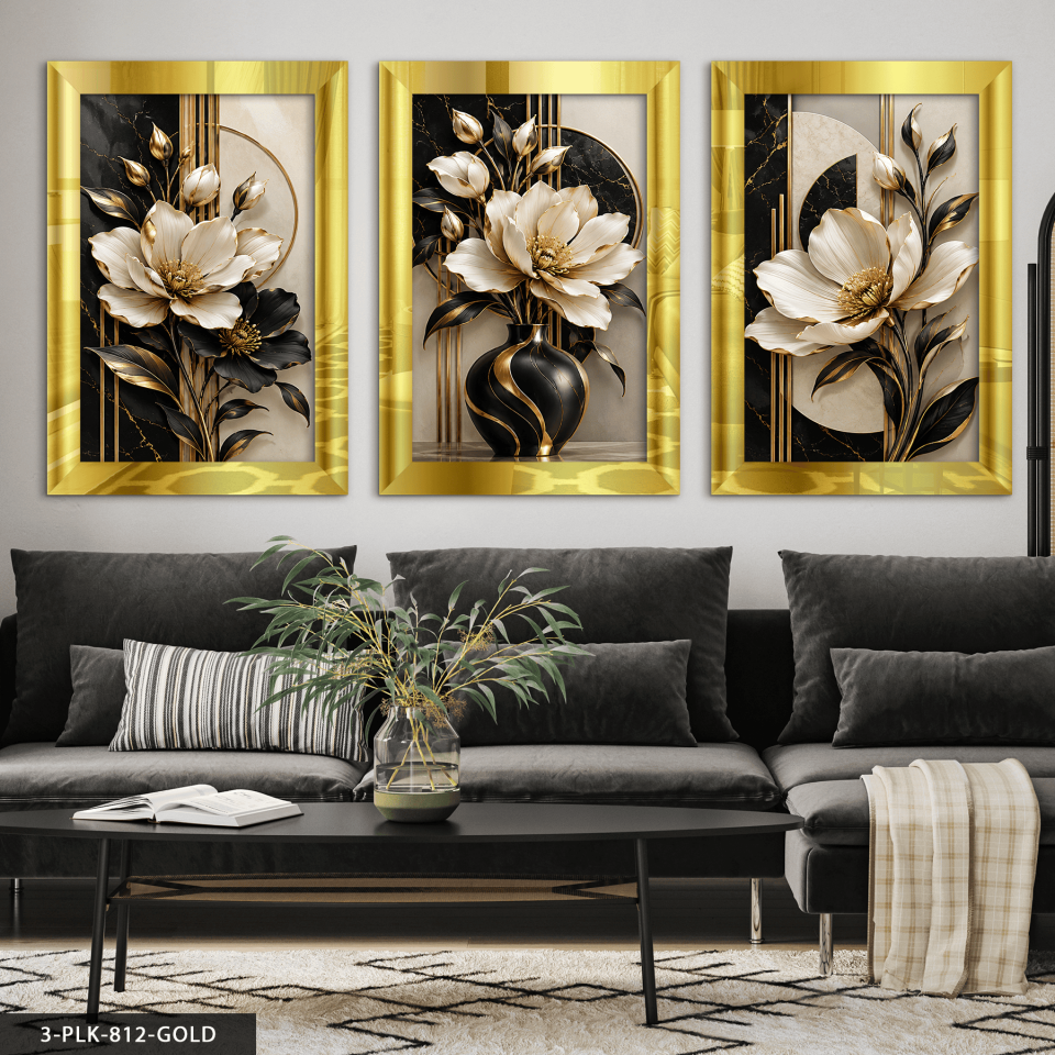Gold Işıltılıs Siyah Beyaz Çiçek 3 Parça Pleksi Aynalı Tablo 40 x 60 CM - Gold