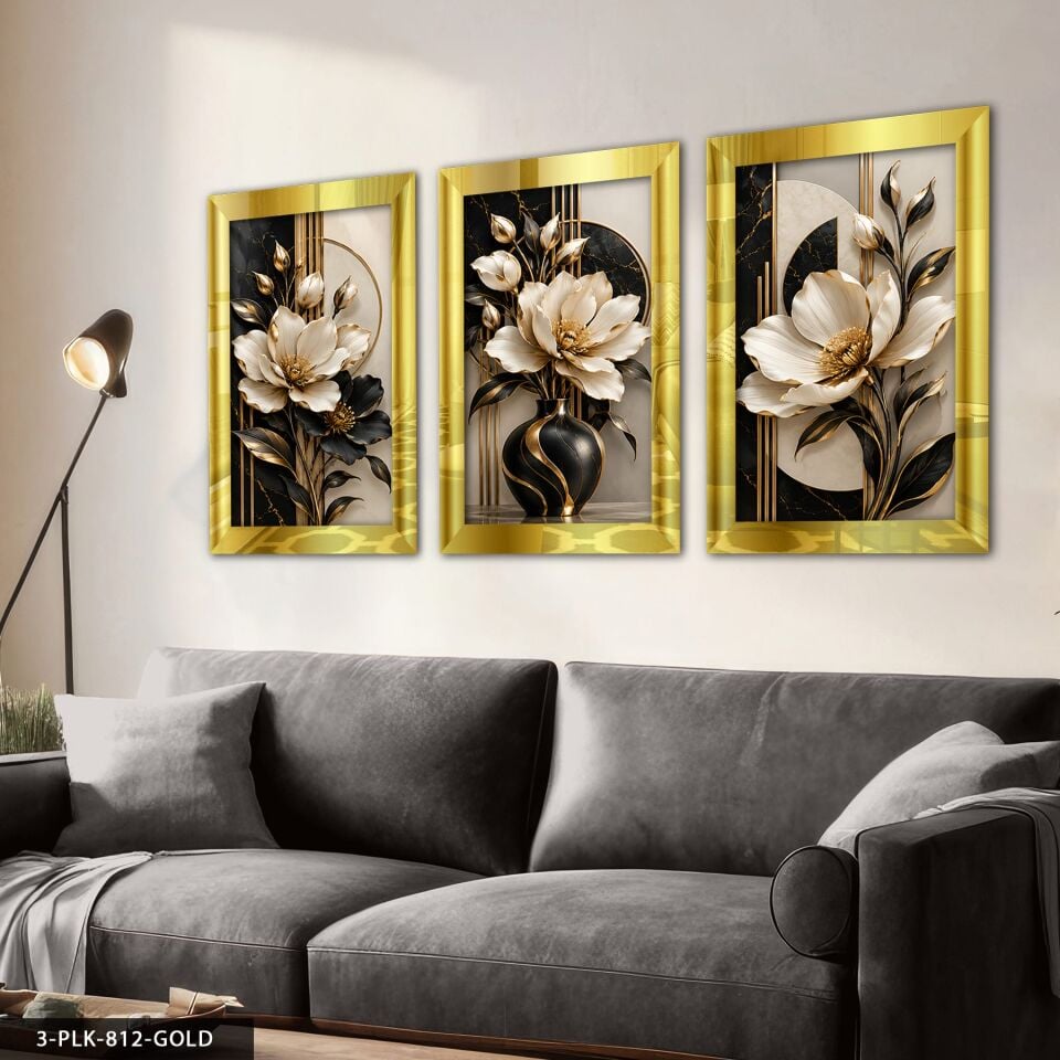 Gold Işıltılıs Siyah Beyaz Çiçek 3 Parça Pleksi Aynalı Tablo 40 x 60 CM - Gold