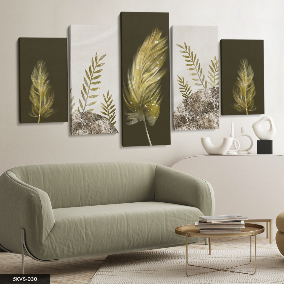 Gold Tüy Yaprak 5 Parça Kanvas - Canvas Tablo 70 x 125 CM
