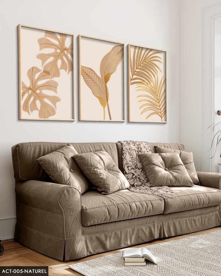 Botanik Altın Yapraklı Çiçek 3 Parça Ahşap Çerçeveli Tablo ACT Naturel - 50 x 70 CM