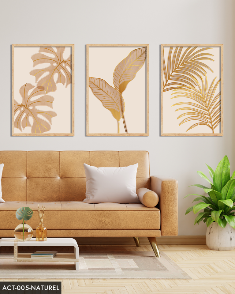 Botanik Altın Yapraklı Çiçek 3 Parça Ahşap Çerçeveli Tablo ACT Naturel - 50 x 70 CM
