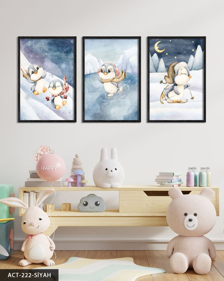 Mutlu Penguenler 3 Parça Ahşap Çerçeveli Tablo ACT Siyah - 50 x 70 CM
