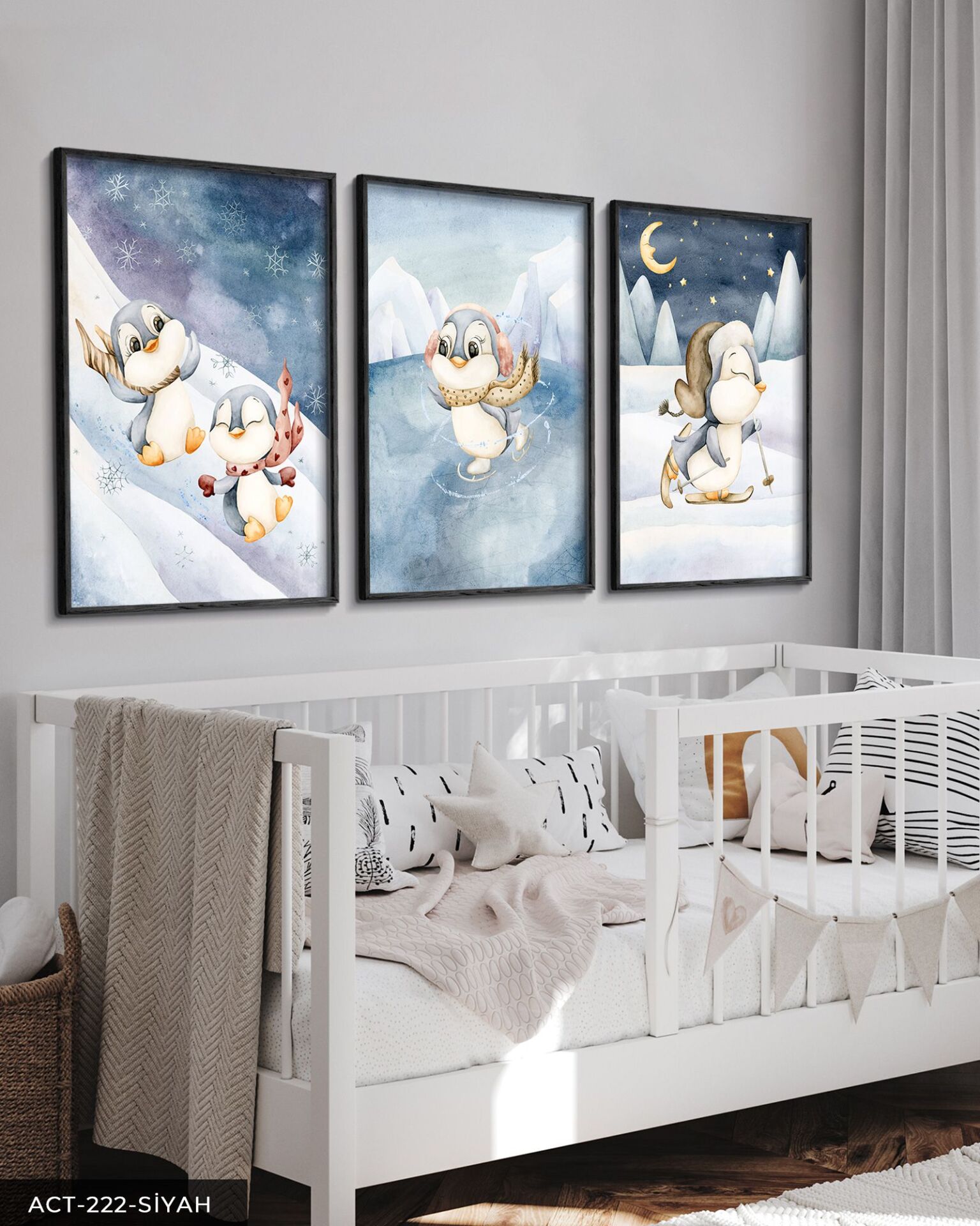 Mutlu Penguenler 3 Parça Ahşap Çerçeveli Tablo ACT Siyah - 50 x 70 CM
