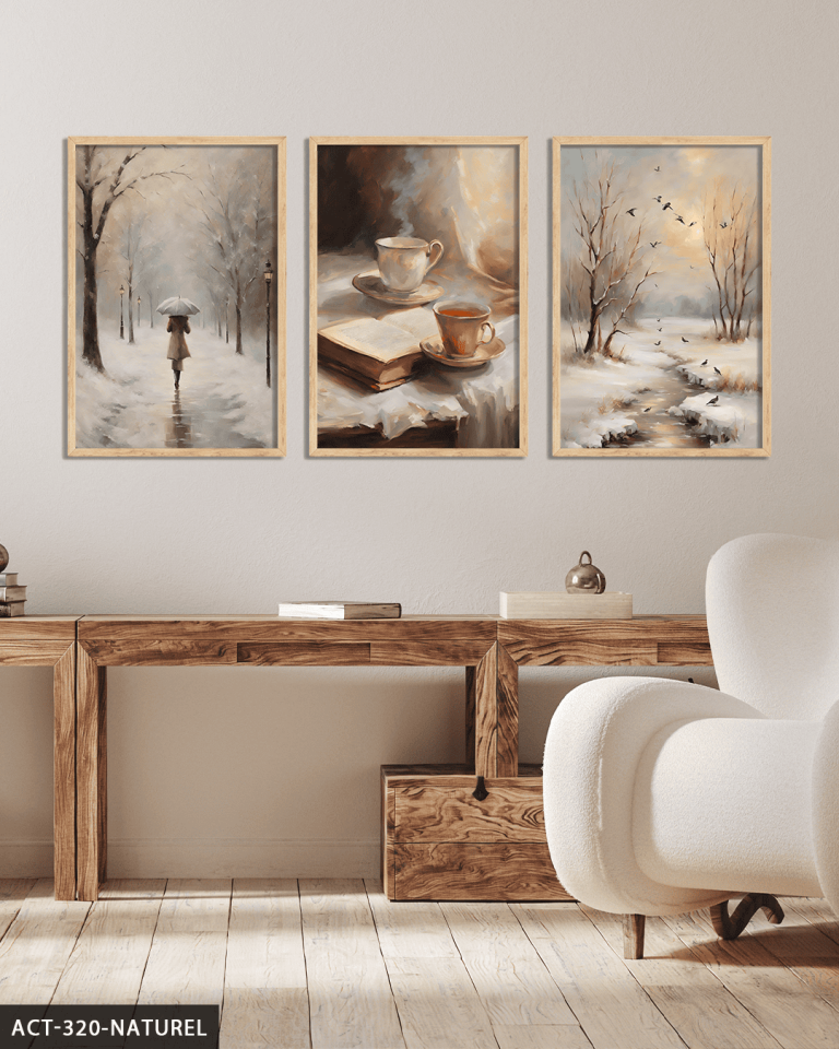 Karlı Orman ve Sıcak Çay 3 Parça Ahşap Çerçeveli Tablo ACT Naturel - 40 x 60 CM