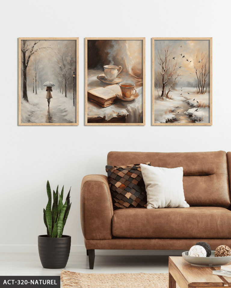 Karlı Orman ve Sıcak Çay 3 Parça Ahşap Çerçeveli Tablo ACT Naturel - 40 x 60 CM