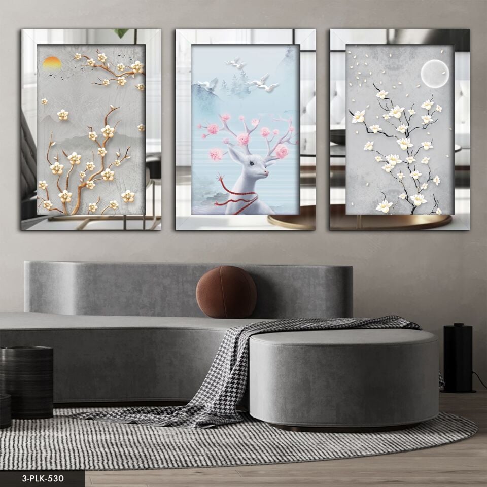 Geyik Çiçek 3 Parça Pleksi Aynalı Tablo 30 x 40 CM - Gümüş