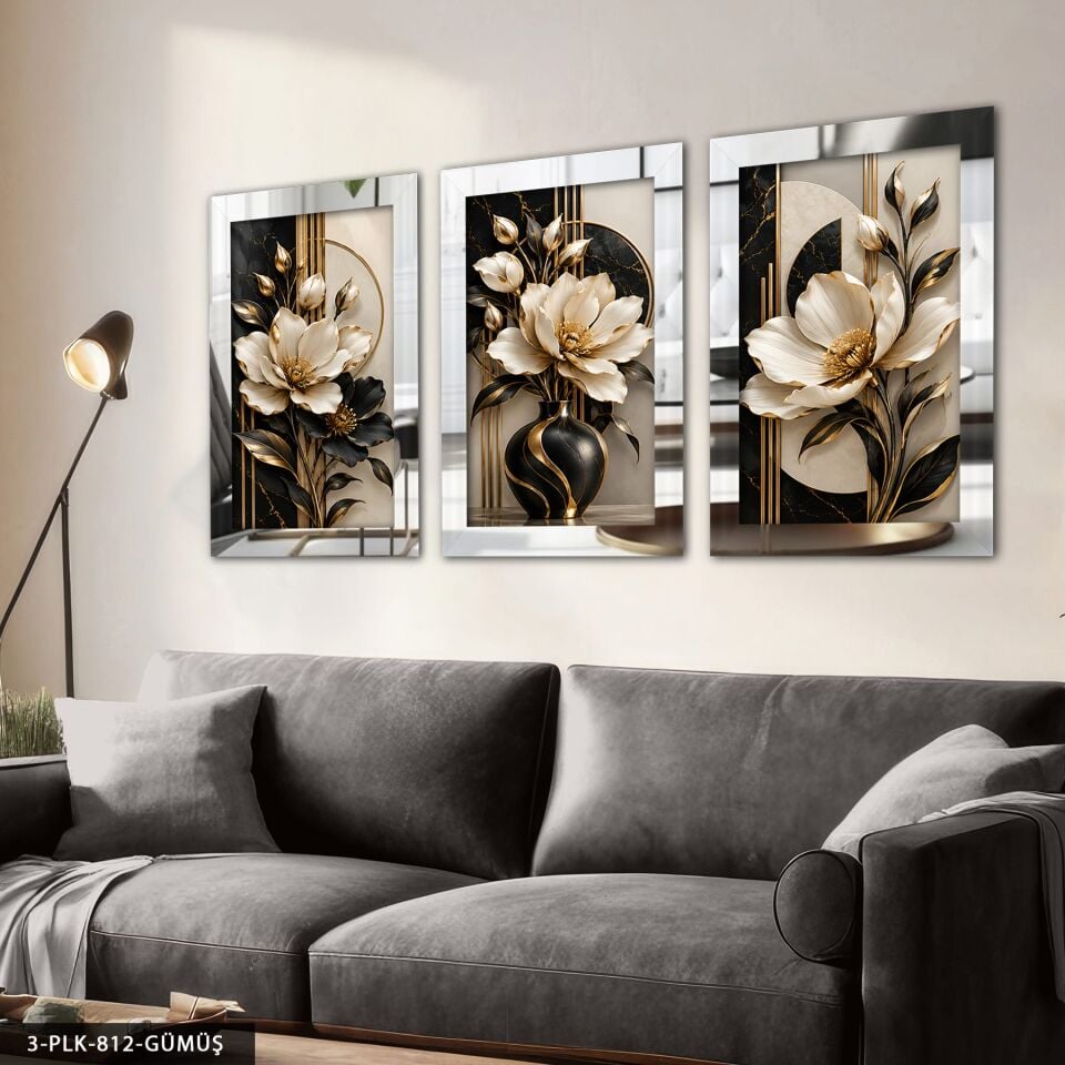 Gold Işıltılıs Siyah Beyaz Çiçek 3 Parça Pleksi Aynalı Tablo Gümüş - 30 x 40 CM
