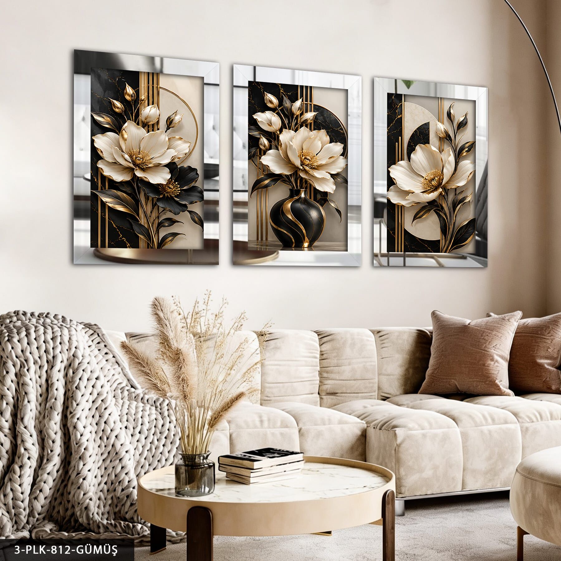 Gold Işıltılıs Siyah Beyaz Çiçek 3 Parça Pleksi Aynalı Tablo Gümüş - 30 x 40 CM