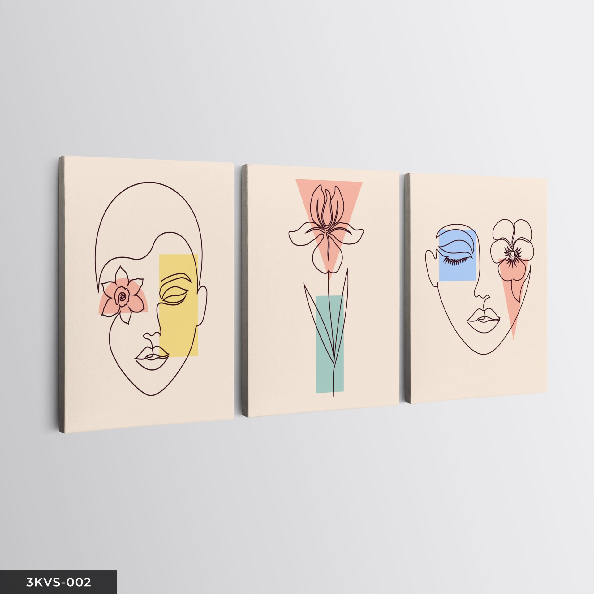 Minimal Çiçek Kadın 3 Parça Kanvas - Canvas Tablo 40 x 30 CM