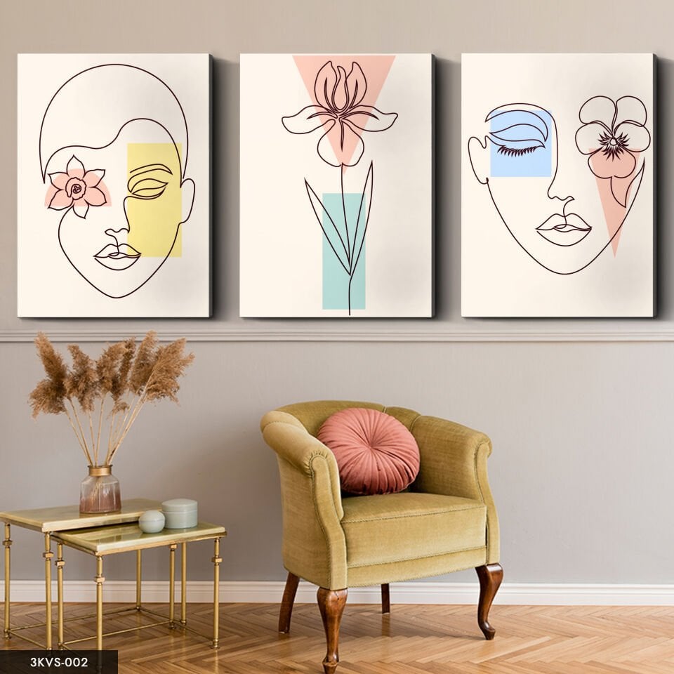 Minimal Çiçek Kadın 3 Parça Kanvas - Canvas Tablo 40 x 30 CM