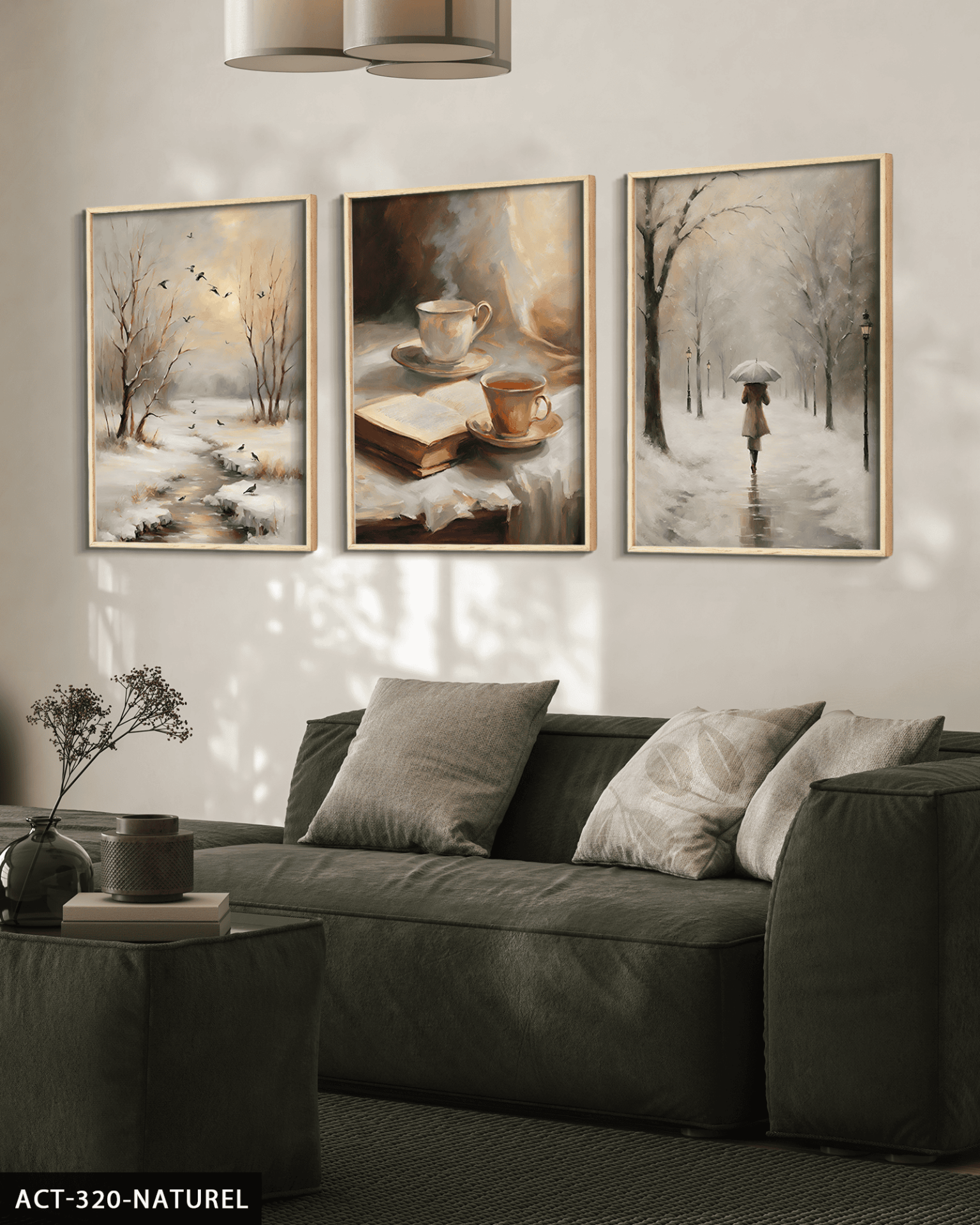 Karlı Orman ve Sıcak Çay 3 Parça Ahşap Çerçeveli Tablo ACT Naturel - 50 x 70 CM