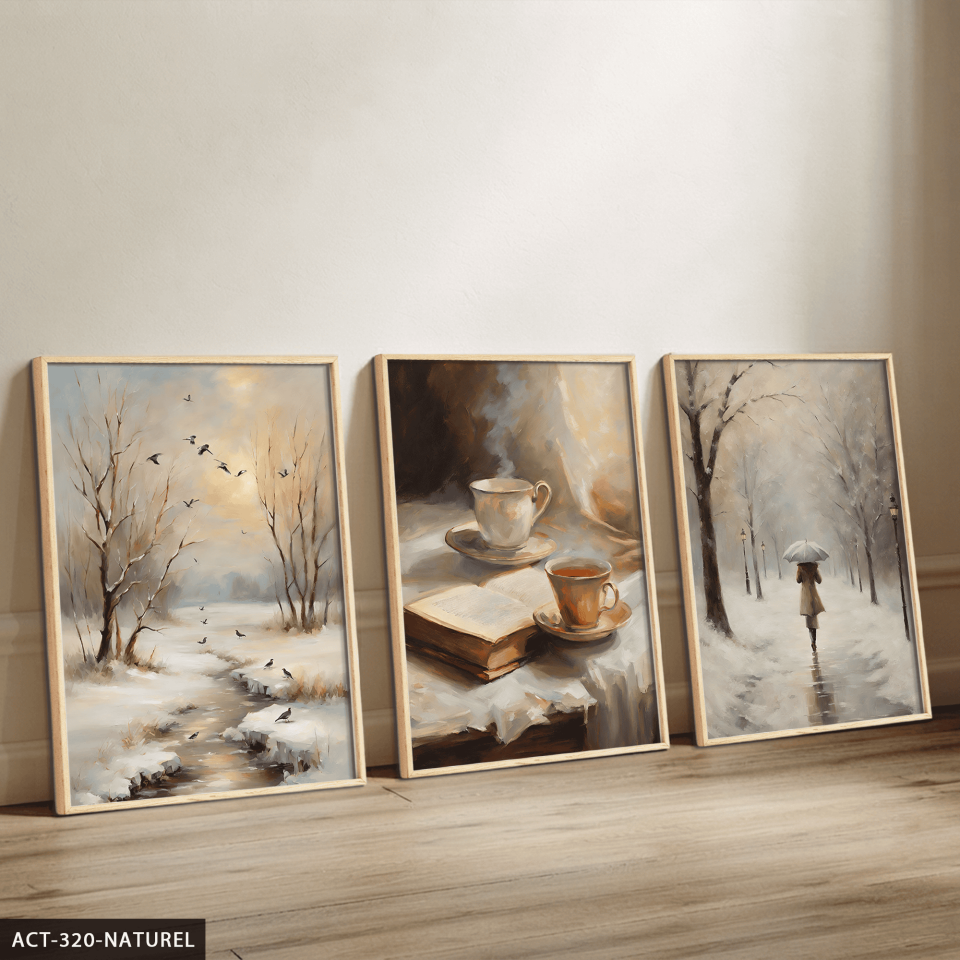 Karlı Orman ve Sıcak Çay 3 Parça Ahşap Çerçeveli Tablo ACT Naturel - 50 x 70 CM