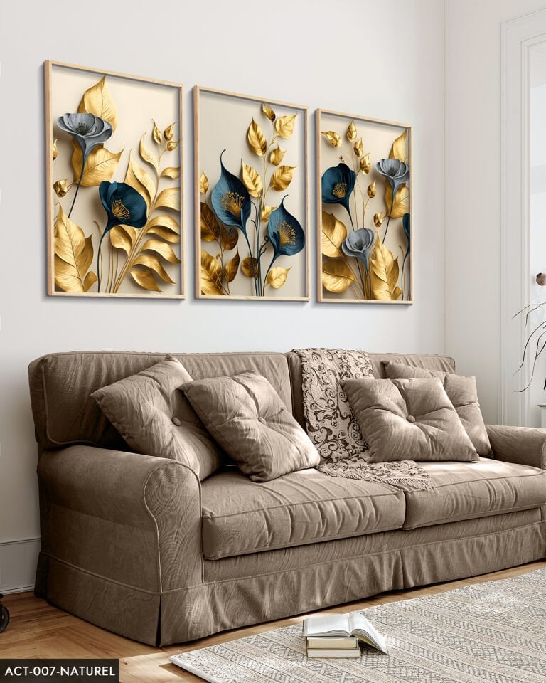 Zarif Altın Yapraklı Çiçekler 3 Parça Ahşap Çerçeveli Tablo ACT Naturel - 50 x 70 CM