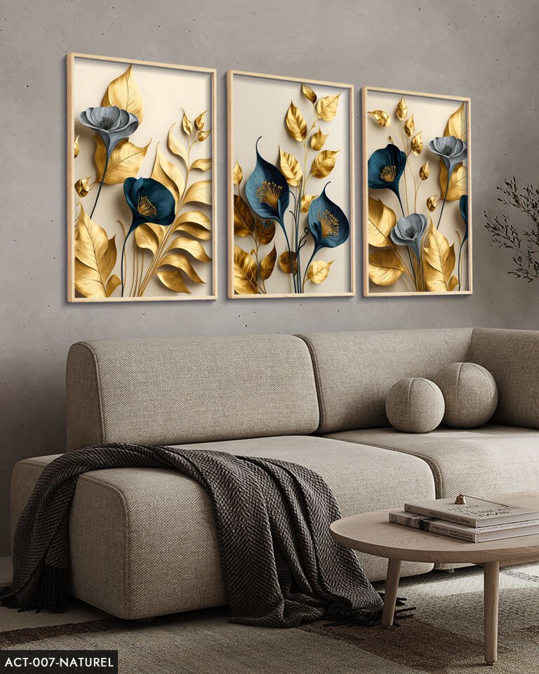 Zarif Altın Yapraklı Çiçekler 3 Parça Ahşap Çerçeveli Tablo ACT Naturel - 50 x 70 CM