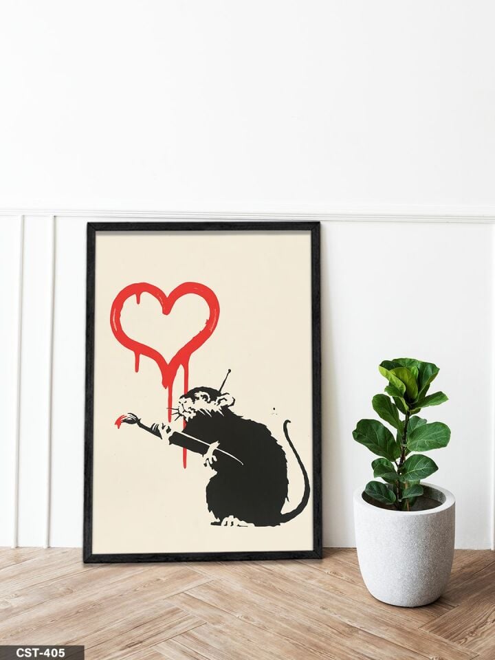 Banksy Rat Art Tek Parça Ahşap Çerçeveli Tablo Siyah - 20 x 30 CM
